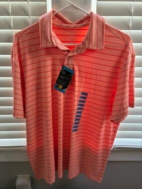 Men's Coral/Orange Striped Polo Shirt - Classic Short Sleeve